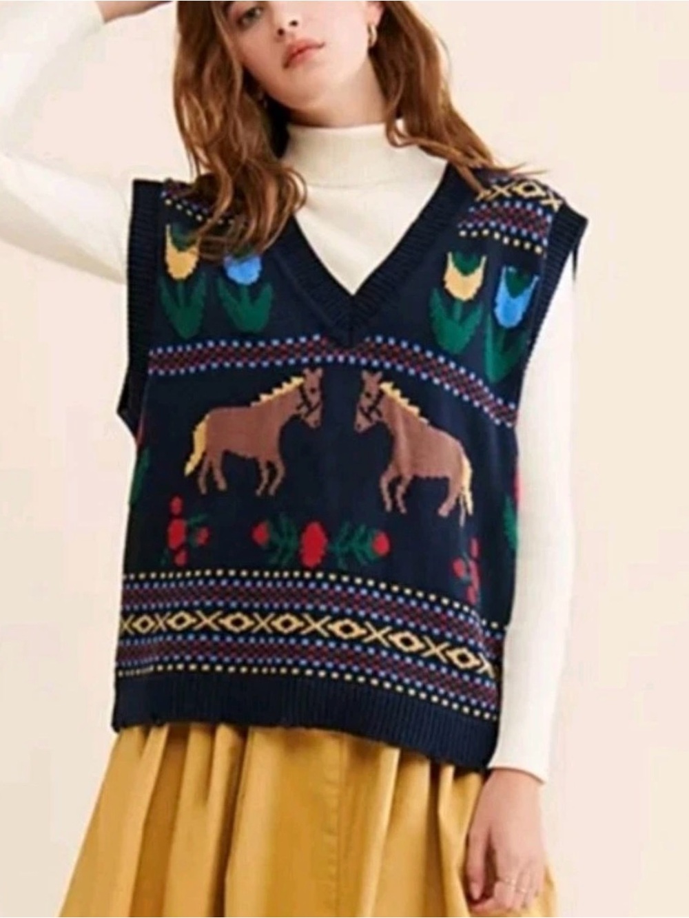 Free People Found Horse Fair Isles Knit Sweater Vest Tulips Oversized sz S